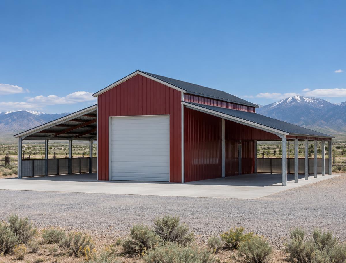 Illustrative red monitor-style steel barn with Utah mountains
