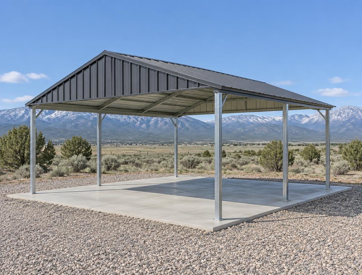 Illustrative steel carport in a Utah mountain setting
