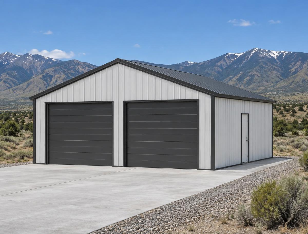 Illustrative two-door steel garage in a Utah valley