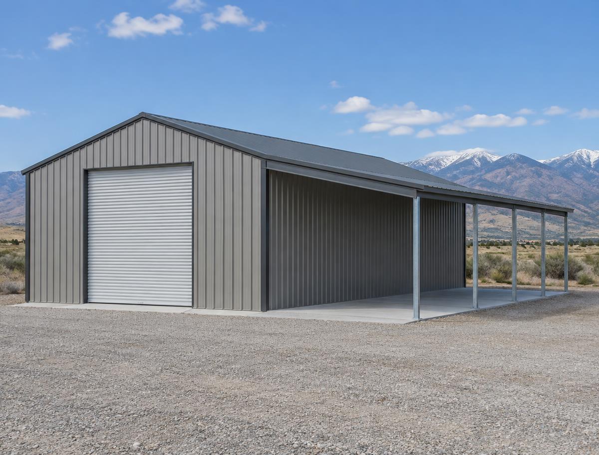 Illustrative steel building with an attached open lean-to in Utah scenery