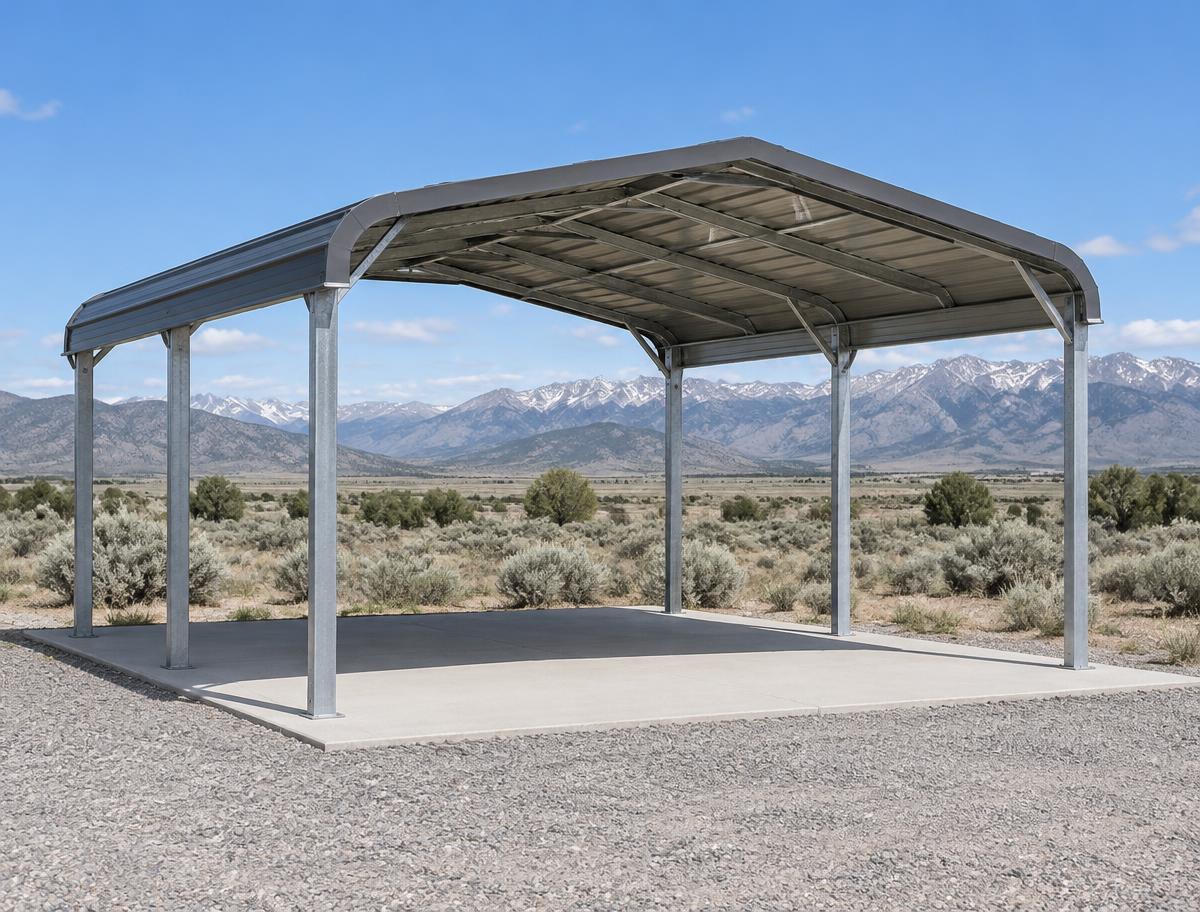 Illustrative regular rounded-eave steel shelter in Utah scenery