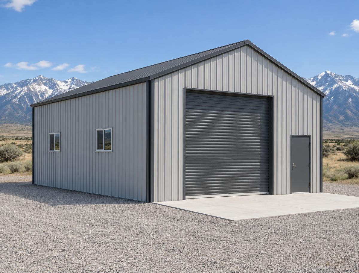 Illustrative gray steel workshop with Utah mountains behind it